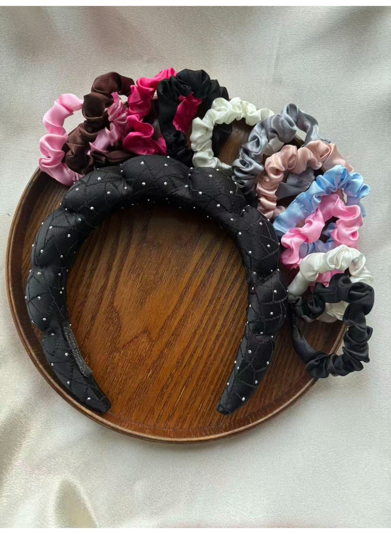 Vynara Padded Quilted Headband with 12 Small Scrunchies, 9 Colors Hair Accessories Set - Image 1
